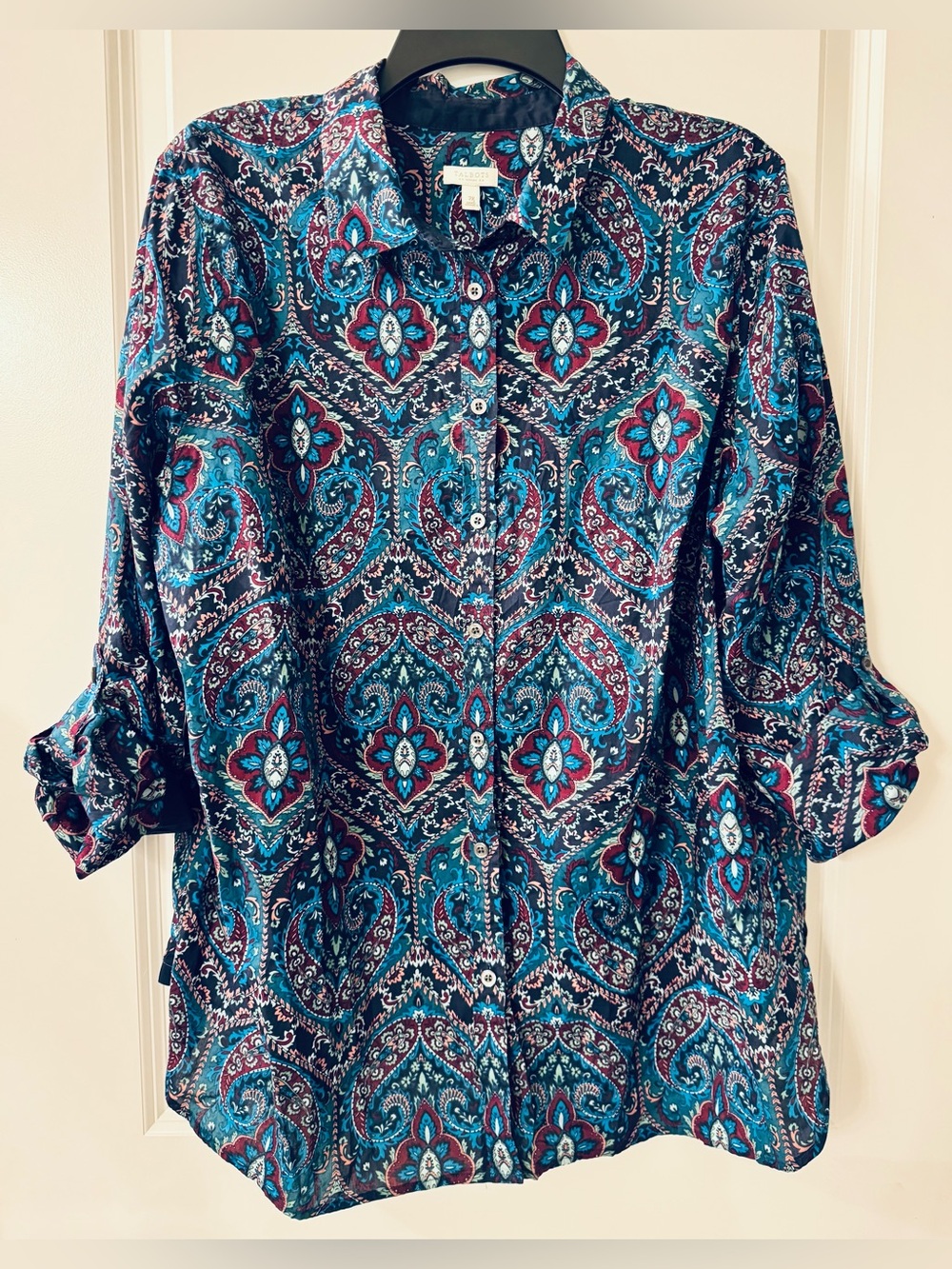 #x544  Talbots 100% Cotton Button Down Shirt Blouse Paisley Medallion Teal Multi